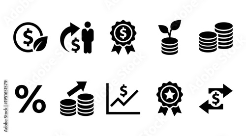 A collection of black financial icons on a white background, representing business, investment, and growth concepts. Ideal for use in marketing, advertising, and educational materials.
