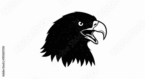 Black eagle head with open beak, looking right, dramatic sketch