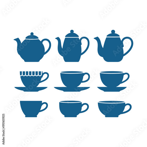A set of blue tea cups and teapots on a white background