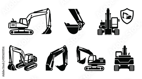 A collection of black and white icons featuring various excavator designs, suitable for use in construction, engineering, or industrial themed projects.