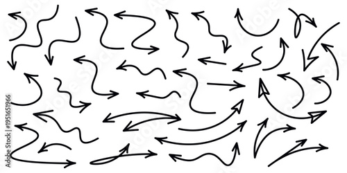 Various bold brush drawn curved arrows. Collection doodle marker thick arrows in different directions. Hand drawn vector direction pointers