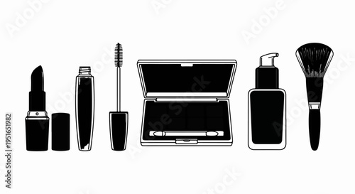 A collection of cosmetic products arranged in a line lipstick, mascara, eyeshadow, foundation, and brush