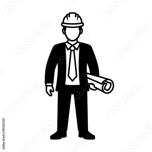 Illustration of a male construction worker holding blueprints wearing a hard hat.