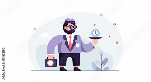 A person in a suit holding a clock on a tray and a briefcase