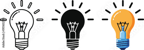 Light bulb vector icons set with outline, black silhouette, and colorful glowing lamp symbols for creative idea, innovation, and bright inspiration concept.