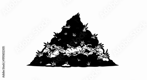 A stylized black and white illustration of a large pile of organic material with grass