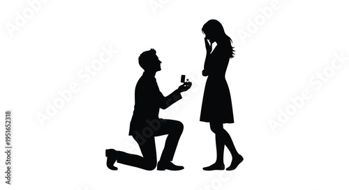 A romantic proposal scene depicts a man kneeling before a woman presenting a ring in silhouette high quality professional detailed modern