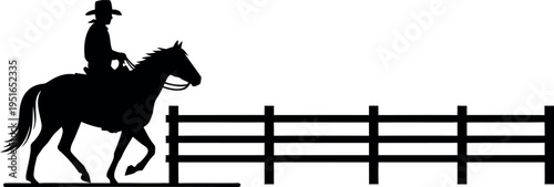 Cowboy riding horse near wooden fence silhouette
