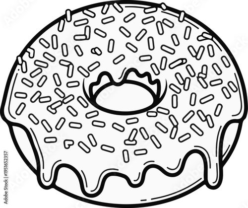 A line art illustration of a donut with sprinkles and dripping frosting