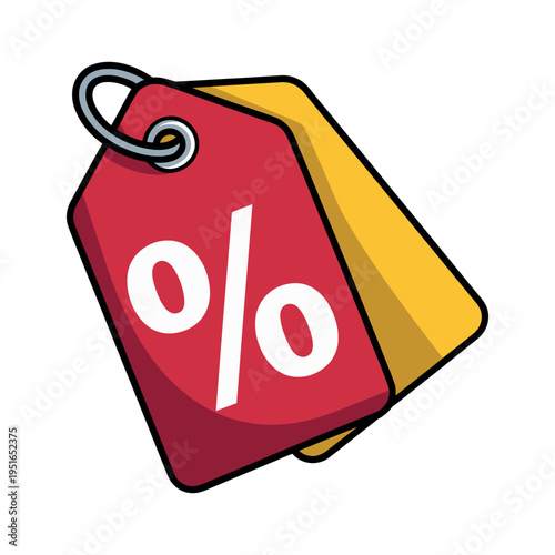 A red and yellow discount tag with a percentage sign