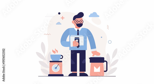 A man in a suit with glasses and a mask holding documents near coffee