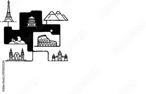 Travel icons representing famous landmarks and landscapes around the world