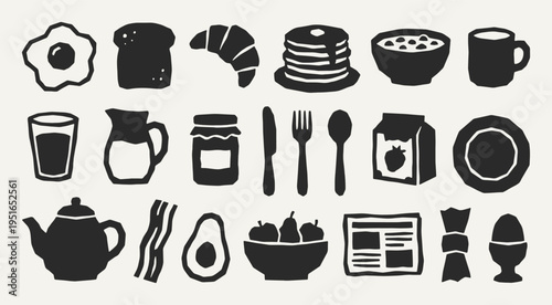 Breakfast silhouette collection. Black icons set - fried egg, toast bread, croissant pastry, cereal bowl, fruit basket, teapot, cutlery, newspaper. Vector linocut style minimalist design elements.