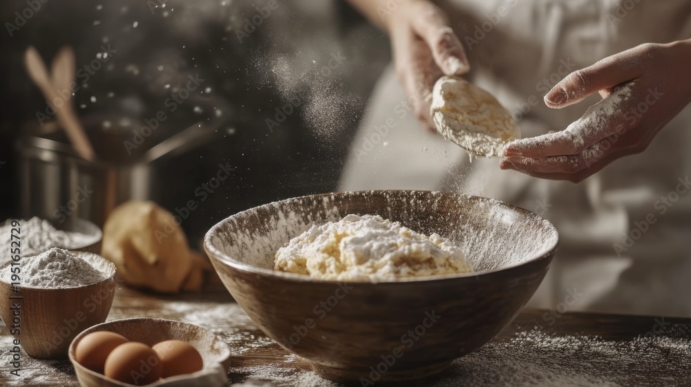 Fototapeta premium Baker's hands covered in flour as they prepare dough in a rustic kitchen with eggs and bread