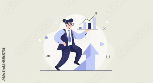 A person in a suit walks up an arrow, carrying a bar graph and line chart