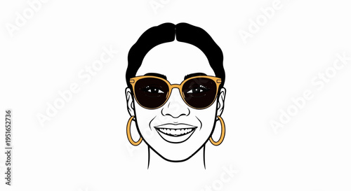 A stylized illustration of a smiling woman wearing large sunglasses and hoop earrings