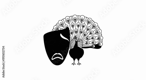 A theatrical mask paired with a detailed outline of a peacock's open tail