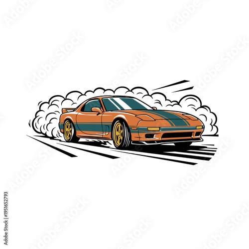 Sport car print design for t shirt. Fast wheels challenge. Speed racing poster design. Extreme drifting. JDM car illustration for apparel.