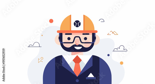 Flat illustration of a bearded man in a hard hat and suit