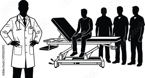 Doctor in lab coat with stethoscope standing by patient on examination table and medical team silhouettes, healthcare staff and clinical checkup vector