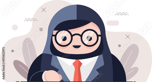 Friendly cartoon figure with glasses, tie, and suit, surrounded by abstract shapes