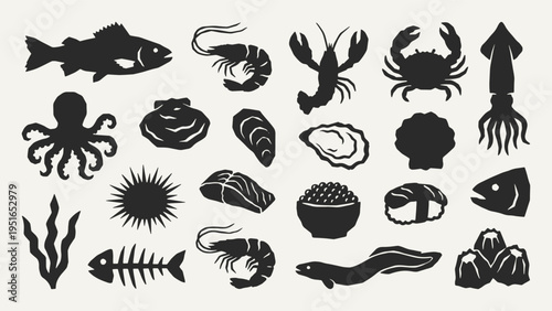 Seafood silhouette collection. Black icons set - fish, shrimp, lobster, crab, octopus, oyster shell, mussel, scallop, sushi roll, caviar bowl. Vector linocut style minimalist design elements.