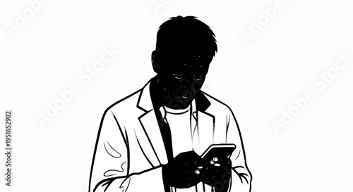 Man in a suit jacket looking down at his phone, black and white illustration