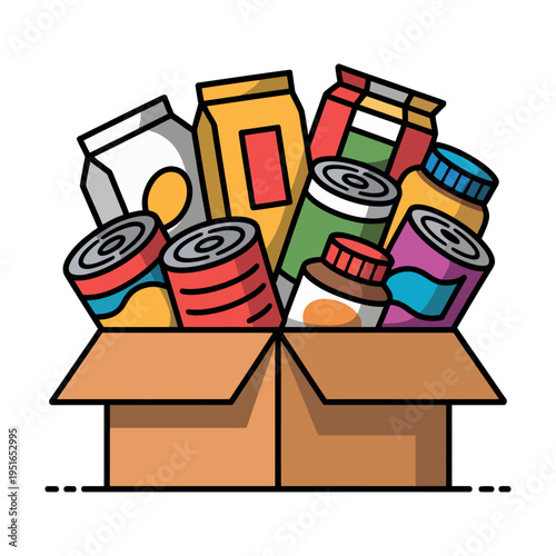 A cardboard box overflowing with various colorful food items and cans