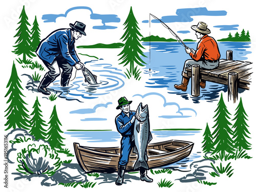 Fishing outdoor adventure illustration. Vintage fisherman artwork for t shirt. Lake scene for apparel and poster. Trout fishing club. Wild nature.