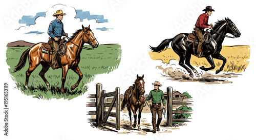 Cowboy horse vintage artwork. Wild west adventure illustration. Ranch life graphic for apparel. Horse riding vector design. Western apparel print.