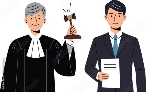 Judge holding gavel aloft, lawyer with document stand side by courtroom illustration