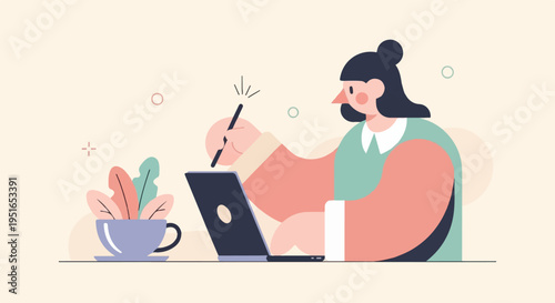 Character creating digital art on a laptop next to a plant