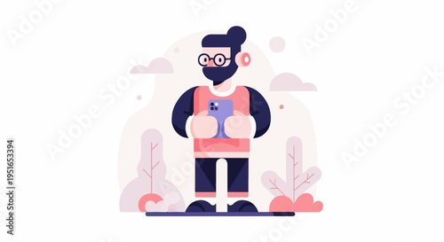 Person with glasses and headphones holding phone amidst abstract plants