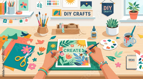 Hands crafting colorful paper crafts with scissors glue and paint on a desk with diy supplies and plants