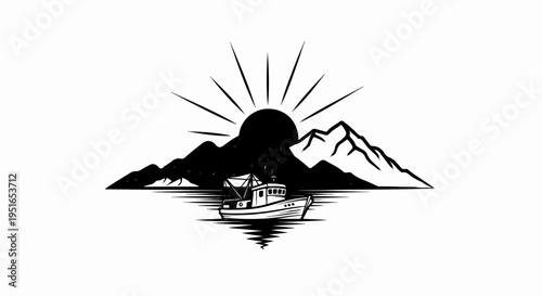 Fishing boat on water with sun setting behind mountains