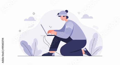 Person in cap typing on laptop outdoors with stylized plants and clouds
