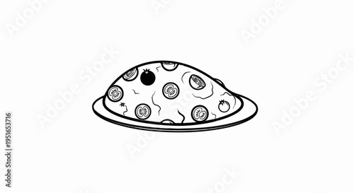 Outline of a plate with a domed dish topped with sliced tomatoes and one whole tomato