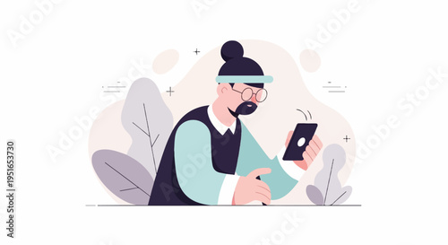 Modern man with glasses and bun hairstyle using smartphone amidst abstract plants
