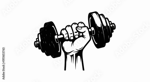 Black and white illustration of a clenched fist holding a dumbbell