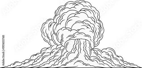 Large, stylized explosion or plume of smoke billows upwards