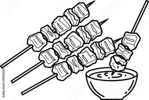 Four skewers of meat cubes are shown, with one skewer dipping into a bowl of sauce