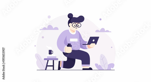 Person with laptop and coffee, working remotely in a stylized setting