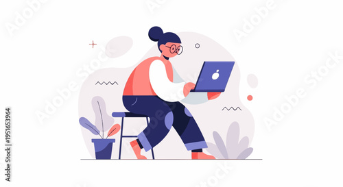 Animated person with glasses works on laptop at desk with plants