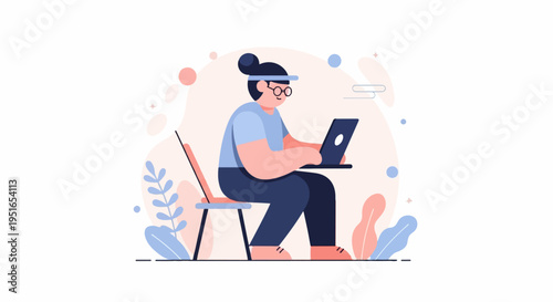Person with glasses using a laptop on a chair amidst abstract shapes and plants
