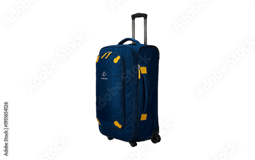 Stylish blue rolling suitcase with bright yellow zippers and sturdy extendable handle, perfect for effortless journeys and convenient vacation travel, presented as a vector illustration isolated