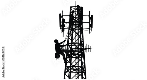 A worker ascends a tall communication tower skillfully climbing the lattice structure depicted as a silhouette high quality professional detailed modern