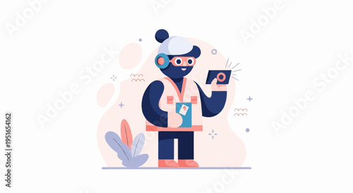 Cartoon figure in uniform taking a selfie with a smartphone and holding a clipboard
