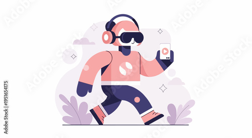 Person wearing VR headset and headphones walks while holding phone