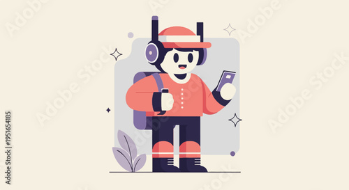Character with headphones and backpack, holding phone, against light background