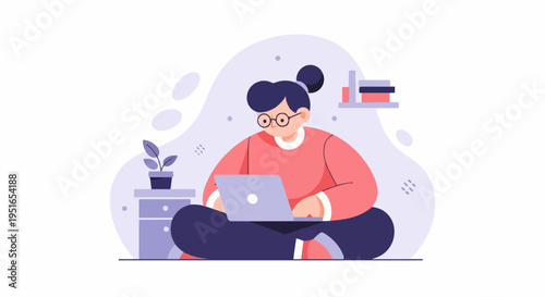 Person in pink shirt and glasses on laptop at home